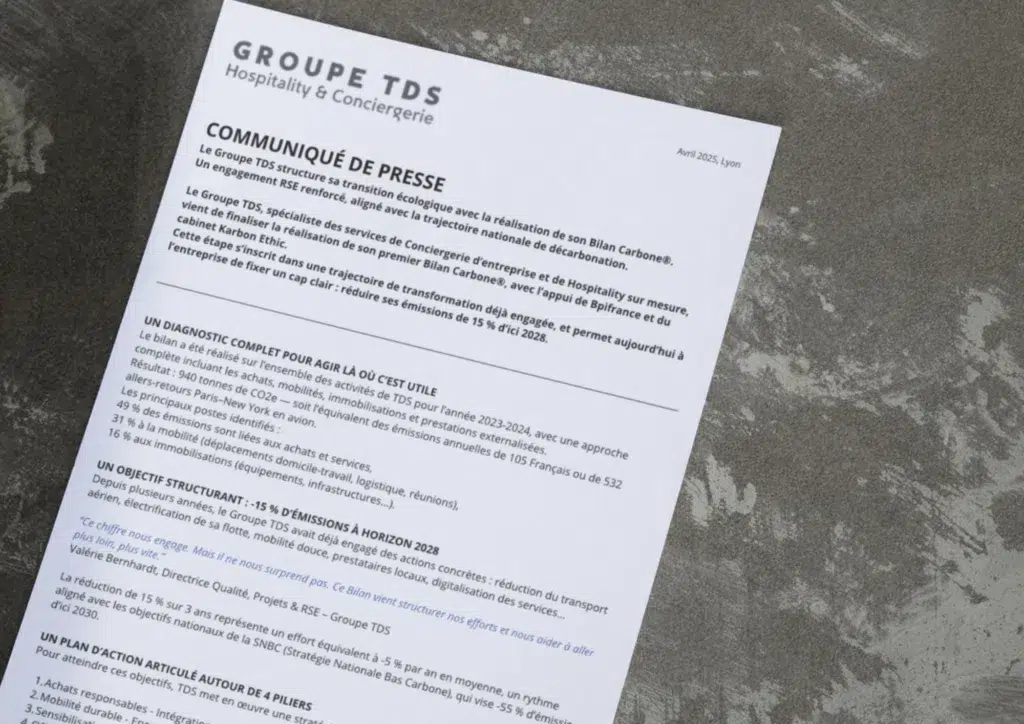 Communiqué de presse : Le Groupe TDS structure sa transition écologique avec la réalisation de son Bilan Carbone®